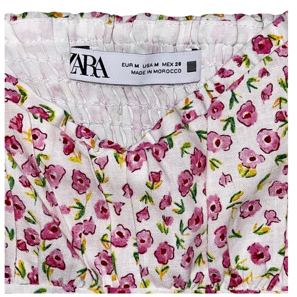 Zara Linen Blend White & Pink Floral Mini Dress Size Medium - Picture 8 of 9